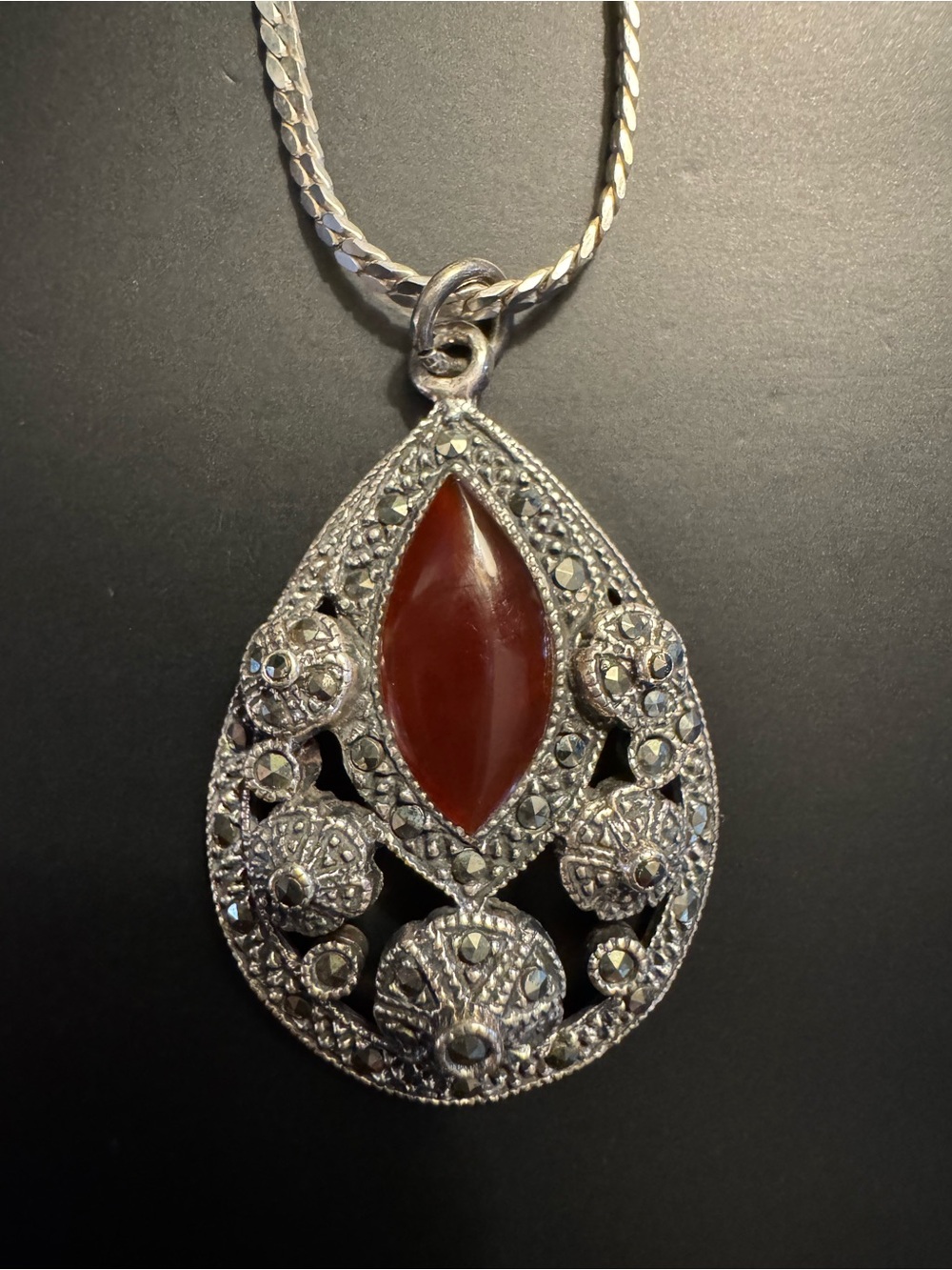 Sterling Silver Carnelian Marcasite Teardrop Pendant Necklace 18”